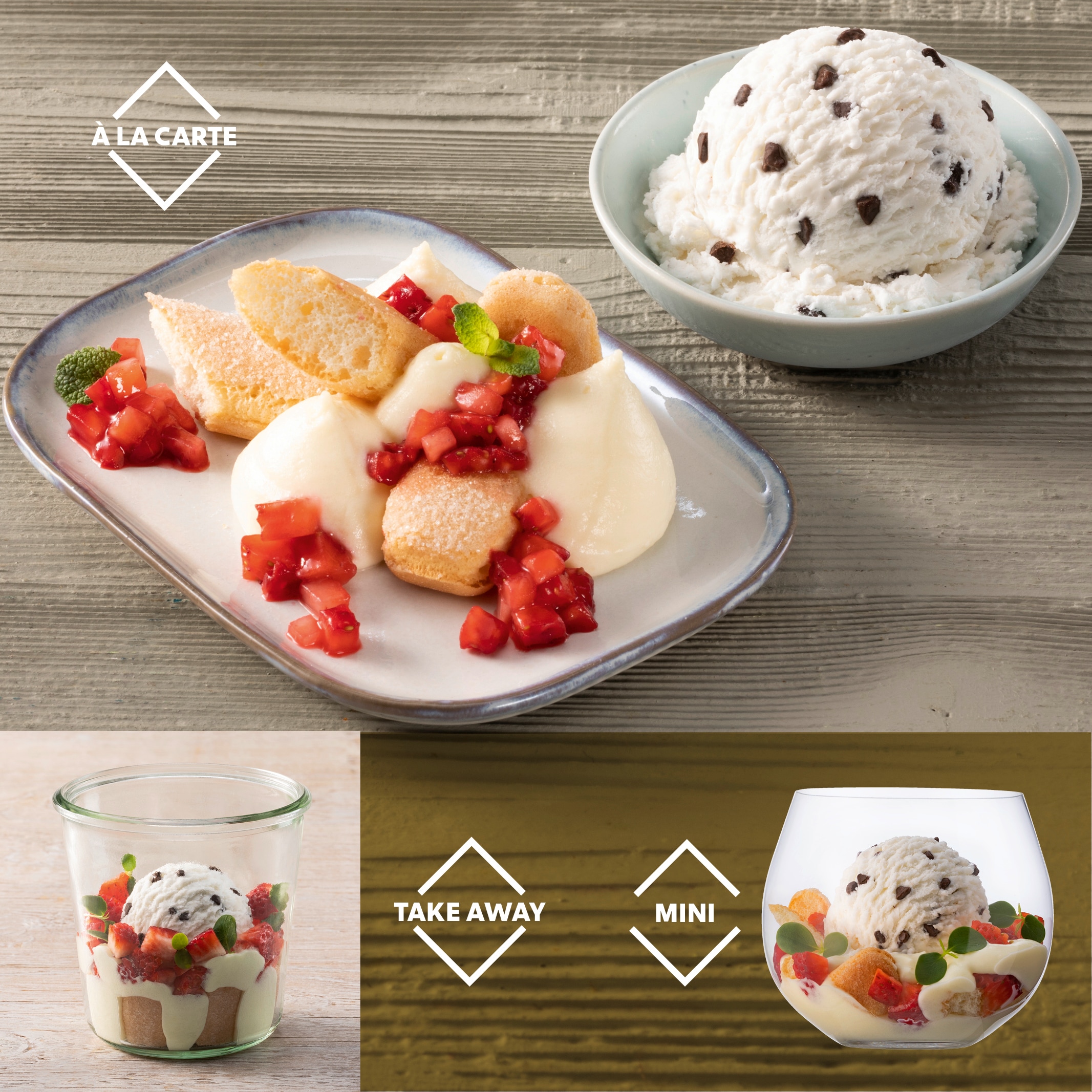 Cheesecake-Creme, Löffel-Biskuit, Erdbeeren, Stracciatella Eis